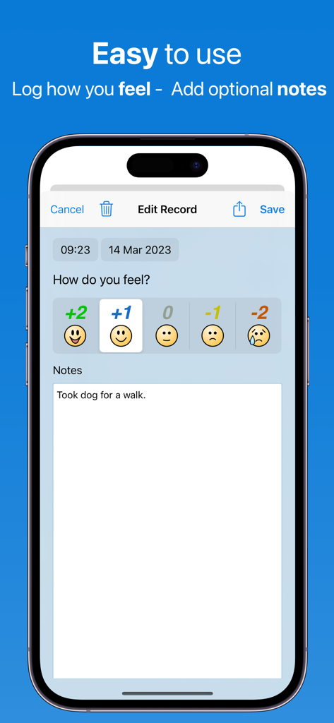A screenshot of the Feeltracker app's mood entry screen showing a smiling emoji selection and a notes field for emotional reflection.