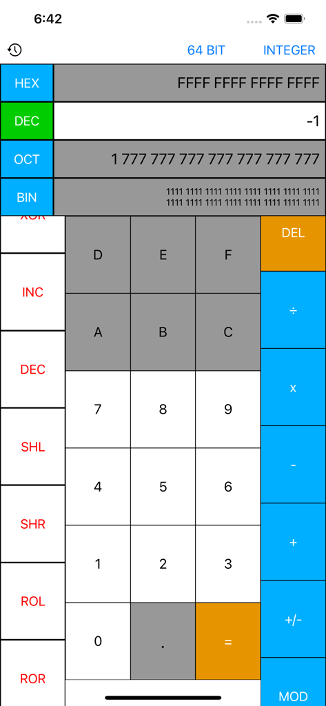 Programmer Calculator Pro interface with 64 bit hex and binary conversion