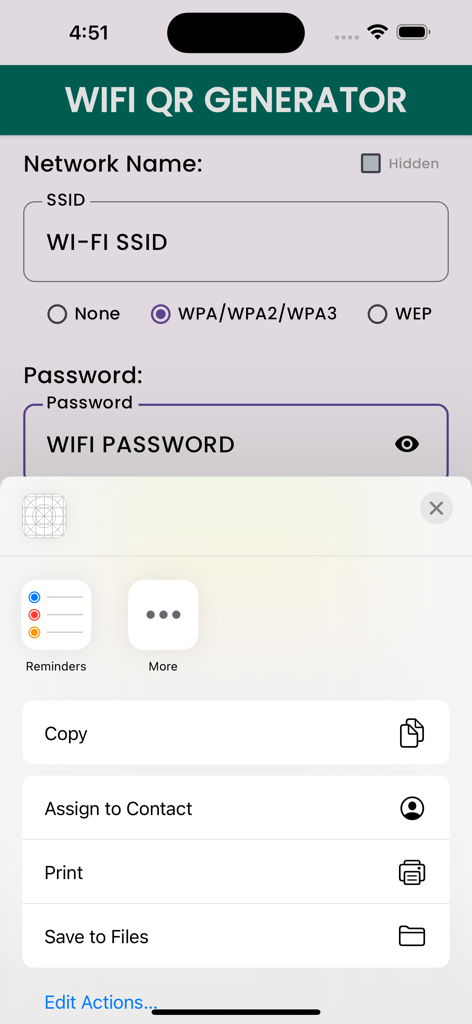 WiFi QR Generator Offline - WiFi QR Generator app interface showing network settings and sharing options
