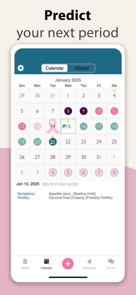 iPeriod Period Tracker + - Interface du calendrier de l'application iPeriod montrant les prévisions de cycle et les symptômes suivis.