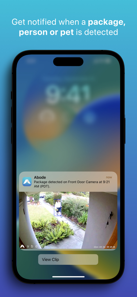 Abode - Abode app smartphone notification showing a package detected by a front door camera