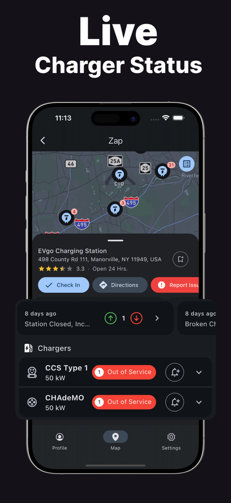 Aplicación Zap que muestra la disponibilidad y el estado del cargador de VE en tiempo real para una estación de carga