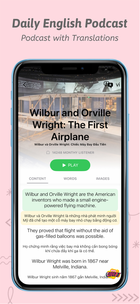 VOA Learning English app interface showing a podcast lesson with dual English and Vietnamese text