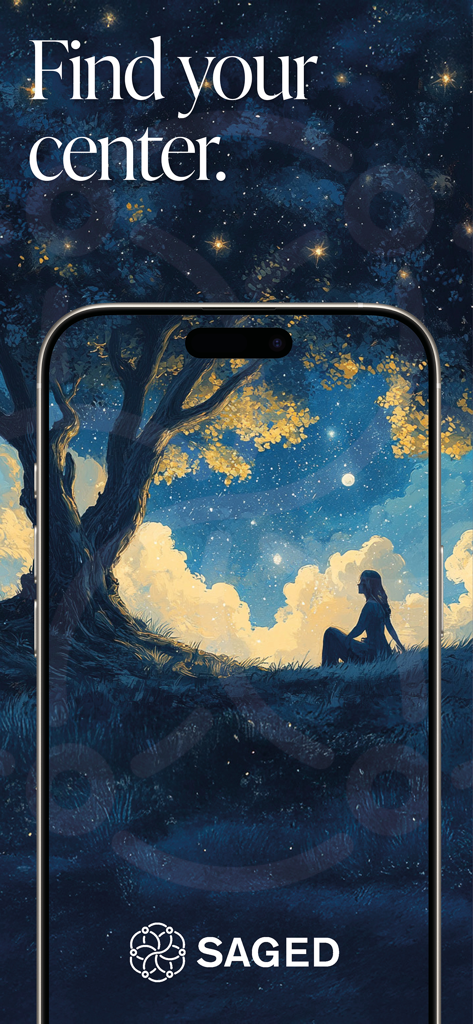 Saged spiritual meditation app splash screen featuring an illustration of a person meditating under a tree at night with the text Find your center