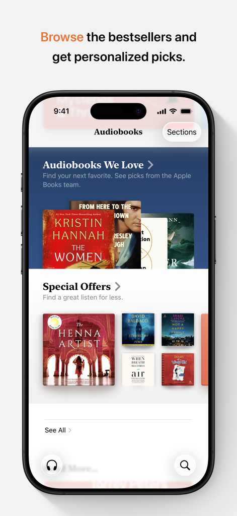 Apple Books - iPhone 화면에서 Apple Books 앱의 큐레이션된 오디오북 및 특별 제안을 보여줍니다.