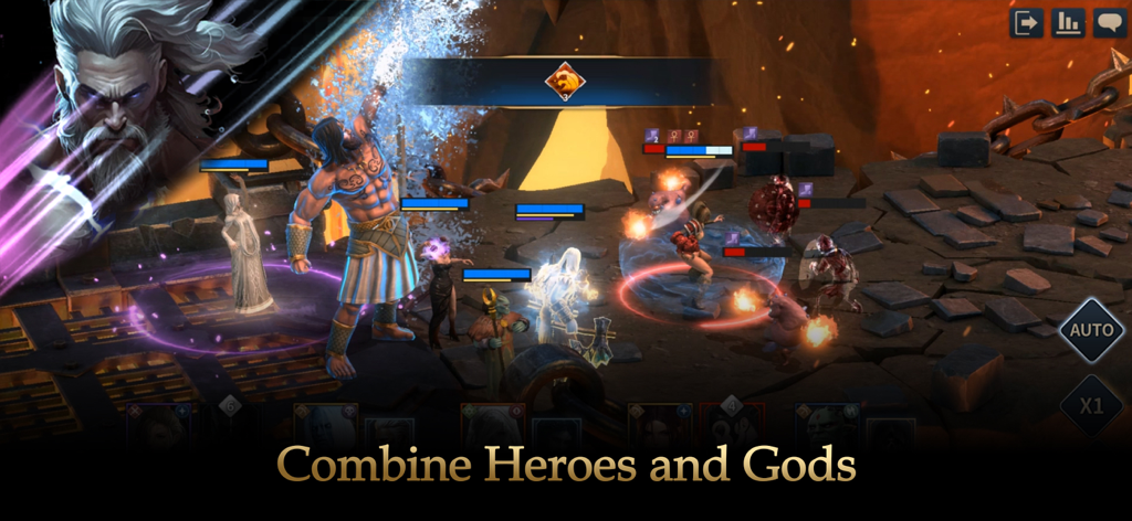 Gods Raid : Team Battle RPG - A tactical team battle in Gods Raid featuring mythical heroes and a powerful god using special abilities.