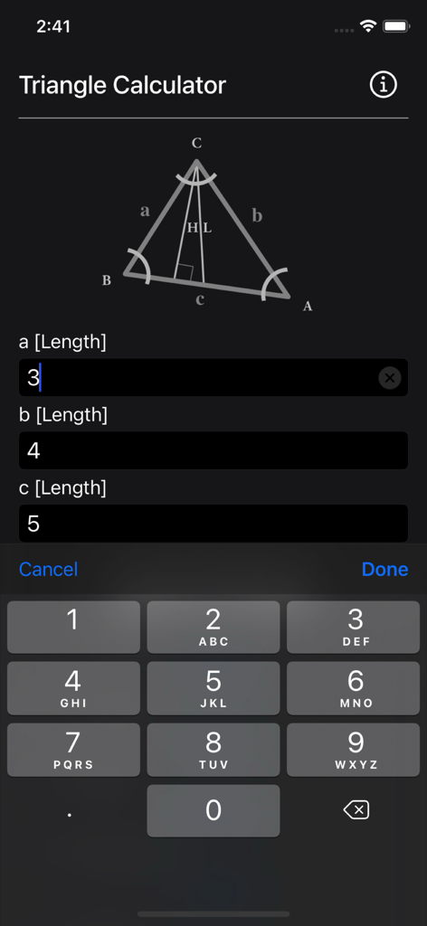 Triangle Calculator Plus - Triangle Calculator app interface for entering triangle side lengths with a geometric reference diagram