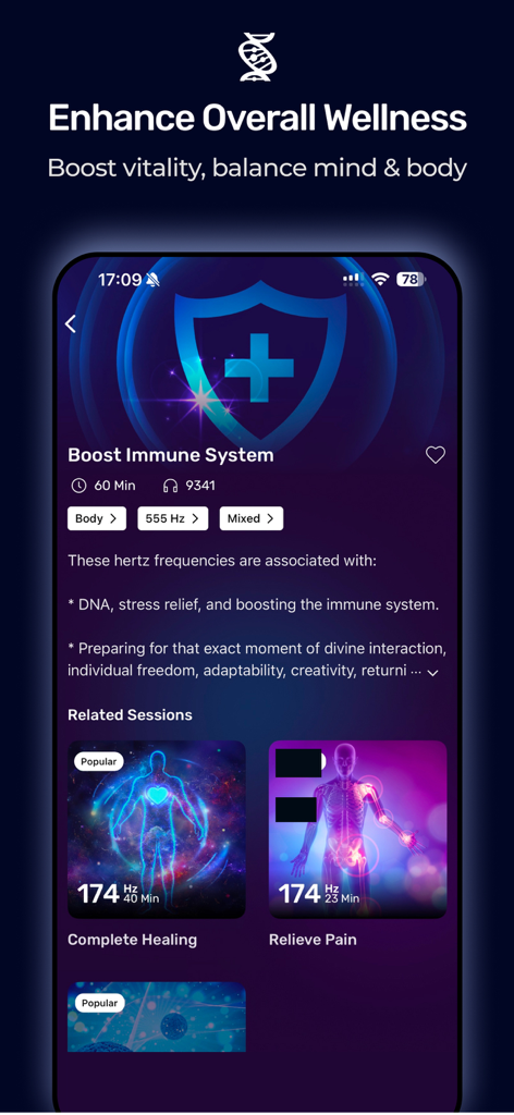 Frequency: Healing Sounds - Interface of the Frequency app showing a session for boosting the immune system with healing sound frequencies