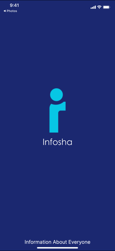 Schermata di avvio dell'app Infosha con logo e slogan Information About Everyone