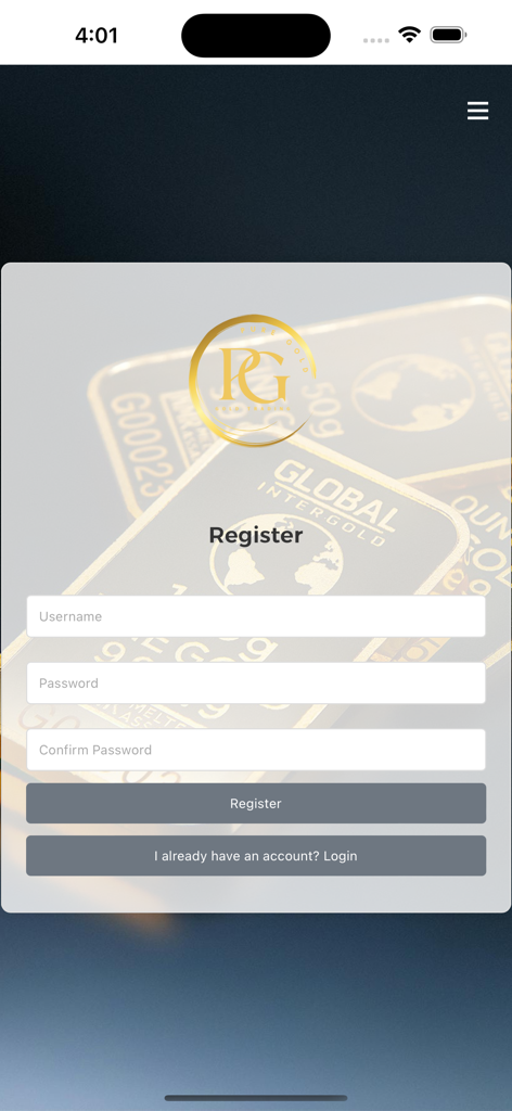 PURE GOLD BUSINESS - User registration screen for the Pure Gold Business mobile app featuring gold bar imagery in the background