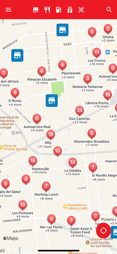 Map view within the EdenredUY app showing various affiliated merchant locations and restaurants in Montevideo