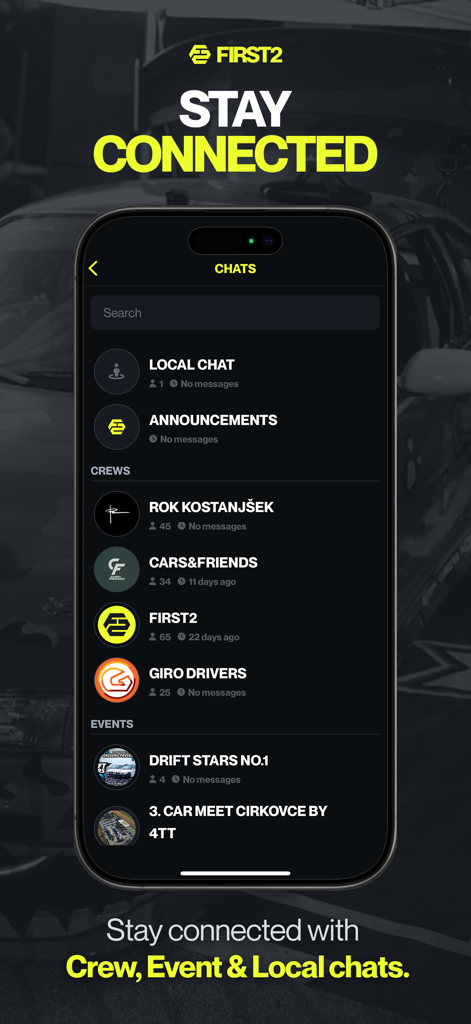 Mobile app interface showing car community chat groups for crews and events.
