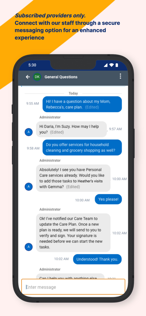 AlayaCare Family Portal - Secure chat interface between a caregiver and a care administrator in the AlayaCare Family Portal app
