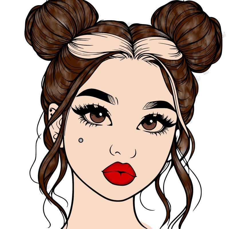 realistic girl with two buns on her hair and lips