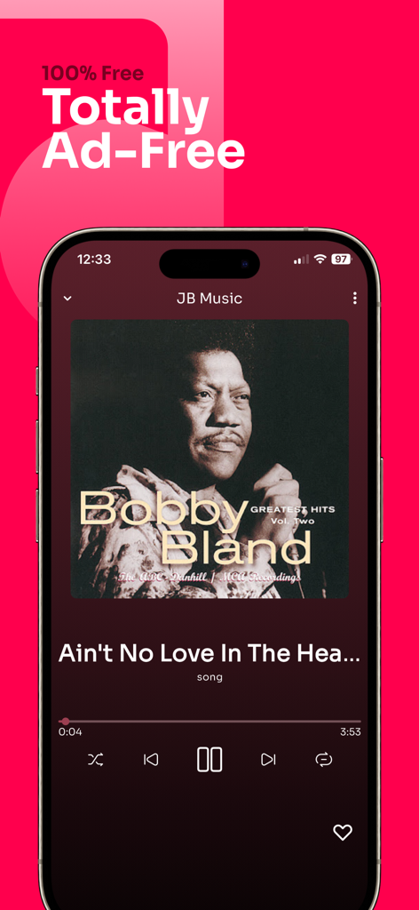 JB Music - JB Music app on a smartphone showing an ad-free music player interface.
