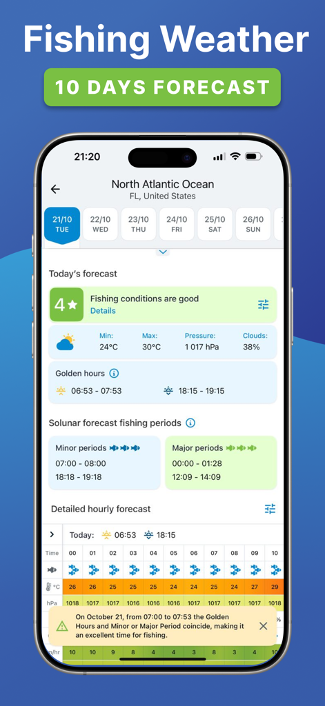 The Fishing Forecast - The Fishing Forecast app screen displaying a 10 day weather forecast and solunar fishing periods