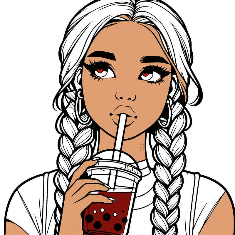 realistic girl with braided hair drinking boba