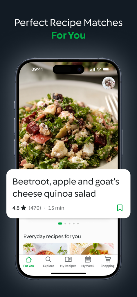 Die Benutzeroberfläche der Thermomix Cookidoo App zeigt personalisierte Rezeptempfehlungen und ein gesundes Quinoa-Salat-Rezept.