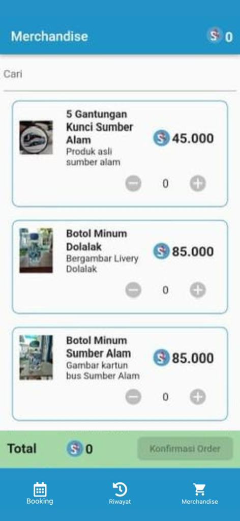 Sumber Alam - The merchandise page of the Sumber Alam app showing keychains and water bottles available for purchase with loyalty coins.