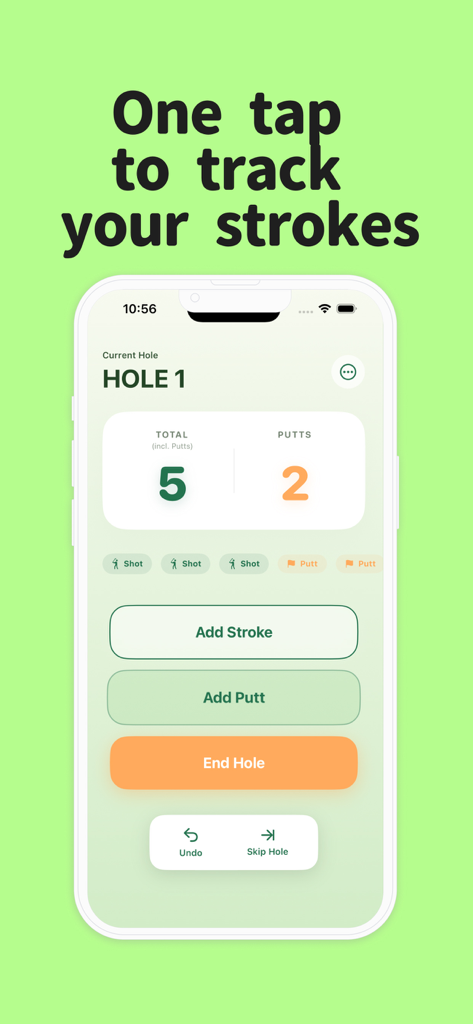 Now Stroke - Interfaz de la aplicación Now Stroke mostrando un contador de golpes de golf minimalista con botones grandes para agregar tiros y putts.