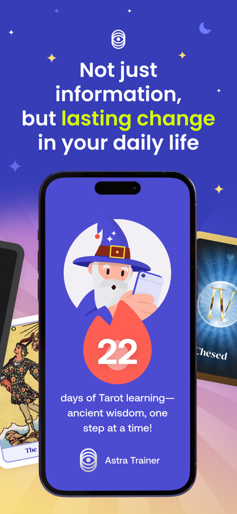 Astra Trainer - Astra Trainer mobile app screen highlighting a 22-day tarot learning streak with a wizard graphic.