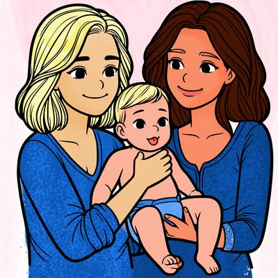two realistic women holding one baby together