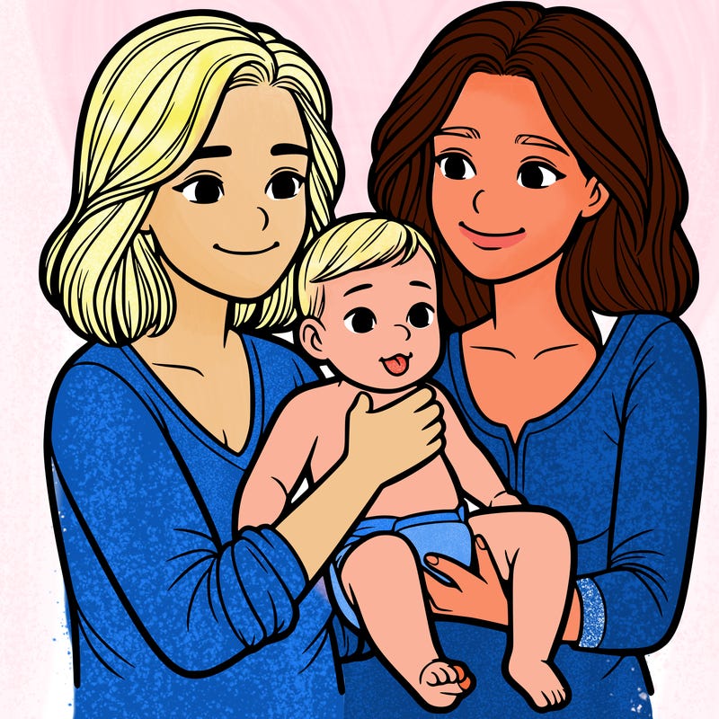 two realistic women holding one baby together