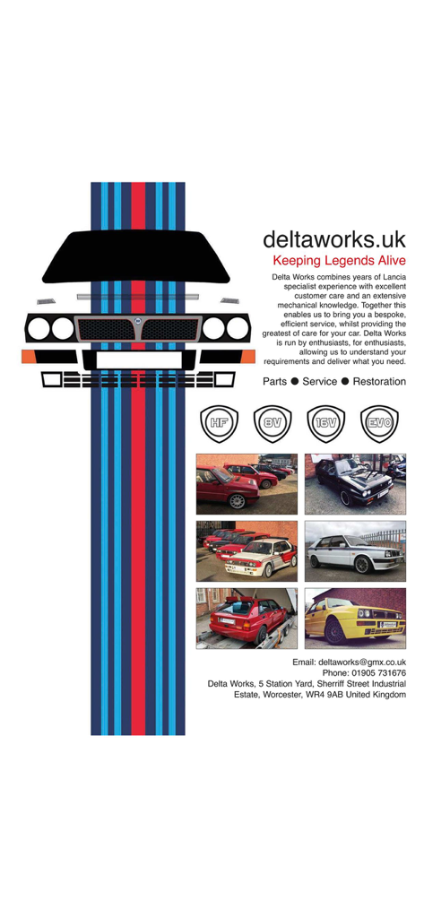 Auto Italia - Lancia Delta specialist advertisement in Auto Italia magazine featuring restoration and parts services