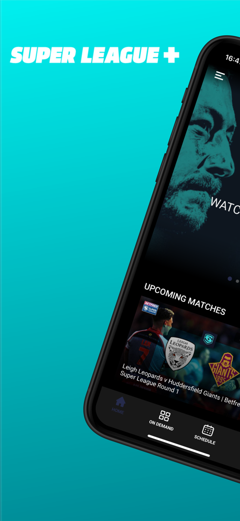 SuperLeague plus mobile app showing upcoming rugby league matches and navigation menu