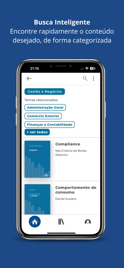 Biblioteca Digital Senac - Mobile app screen showing the smart search feature of Biblioteca Digital Senac with business book categories and titles.