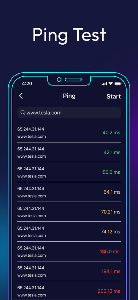 Pantalla de test Ping que muestra resultados de latencia de red para un sitio web en la aplicación Wifi Analyzer