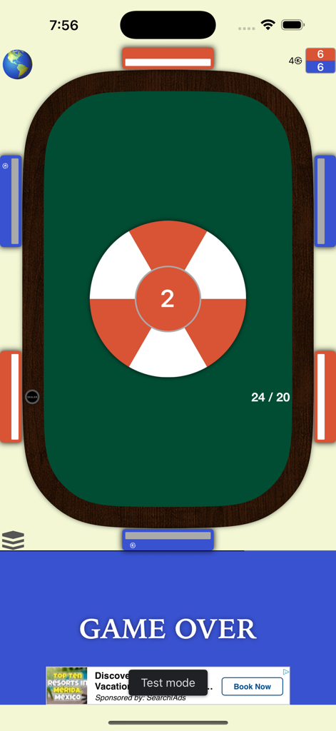 Super 28 - Super 28 card game interface showing a game over screen on a green table layout