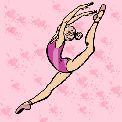 gymnast doing a leap in a leotard with a bent back leg