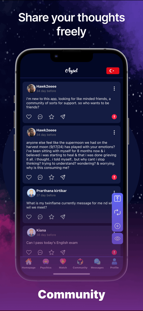 Pantalla comunitaria de la aplicación Aysel que muestra un feed social para compartir pensamientos espirituales y astrológicos