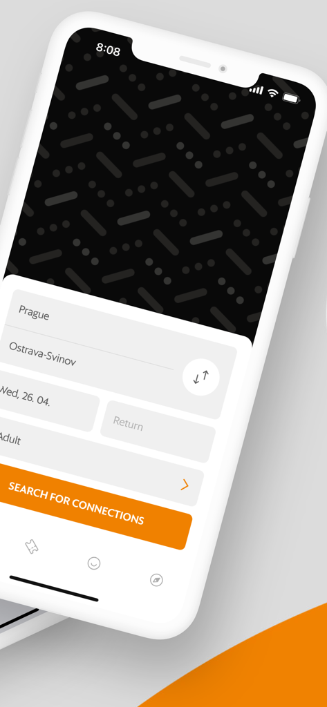 Écran de l'application mobile Leo Express pour rechercher des correspondances de train et de bus depuis Prague
