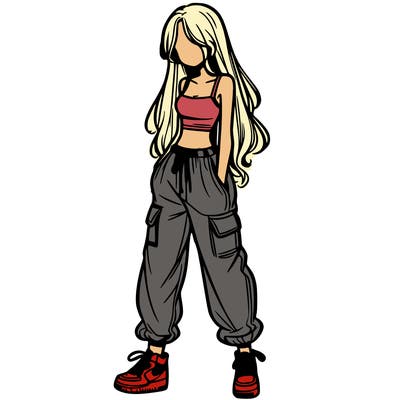 girl in baggy pants crop top and long hair