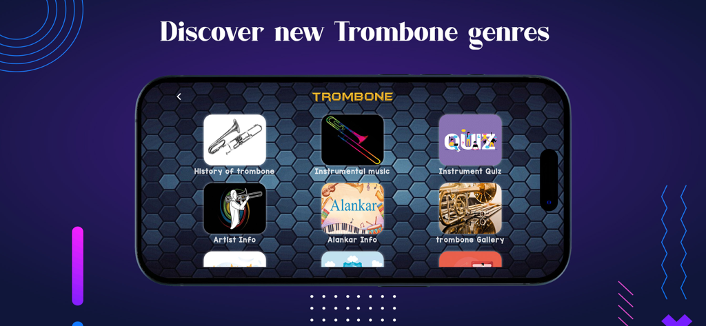 Interface of Deep Beat Trombone app showing various features like instrument quiz and history