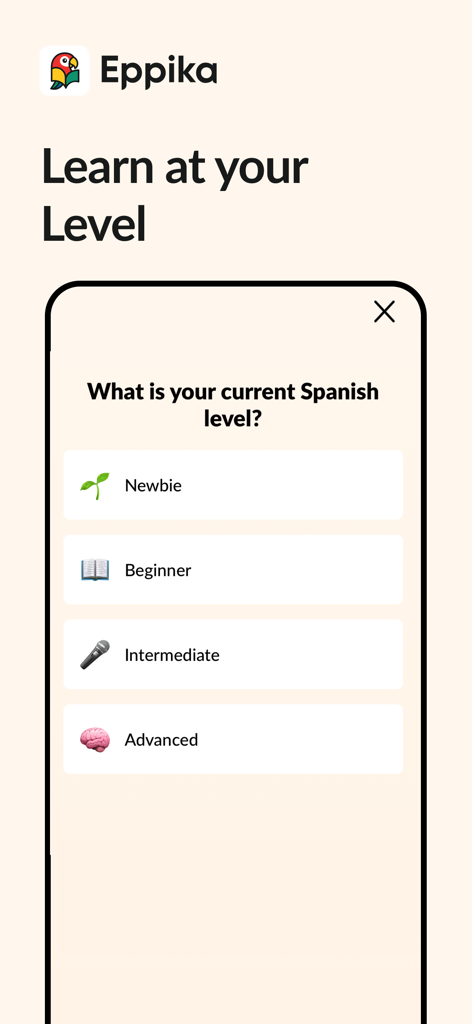 Eppika: Read & Learn Languages - Interface do aplicativo Eppika mostrando opções para selecionar um nível de aprendizado de espanhol de Novato a Avançado.