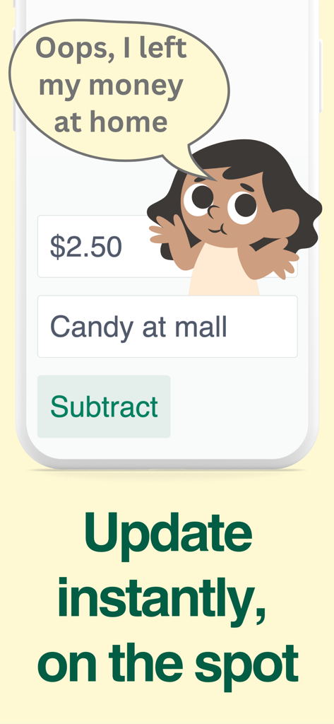 Piggy Bank Kids - Bomad - A mobile interface showing an instant expense subtraction for candy at the mall with a cartoon child illustration