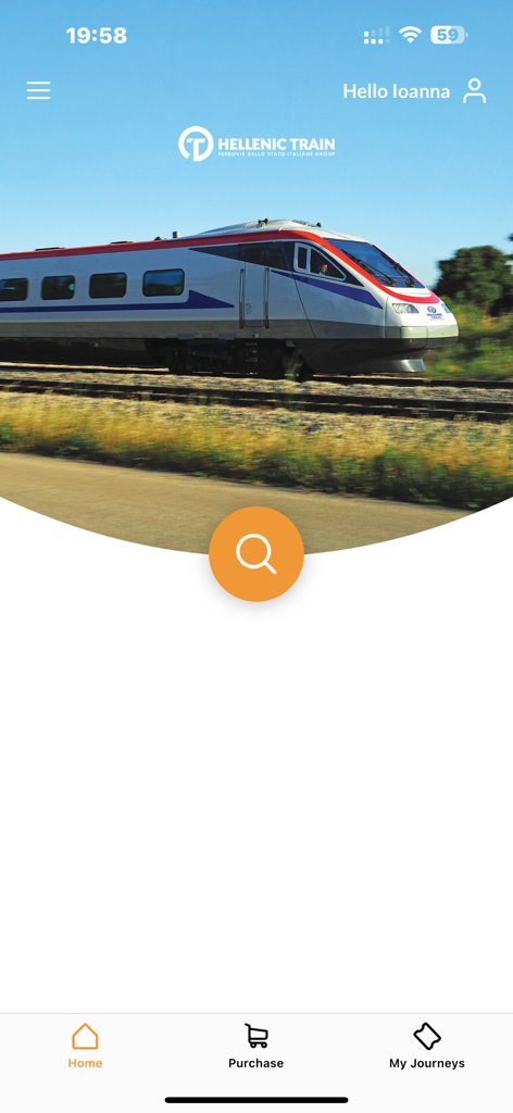 Pantalla de inicio de la aplicación móvil Hellenic Train con una imagen de tren de alta velocidad y un botón de búsqueda