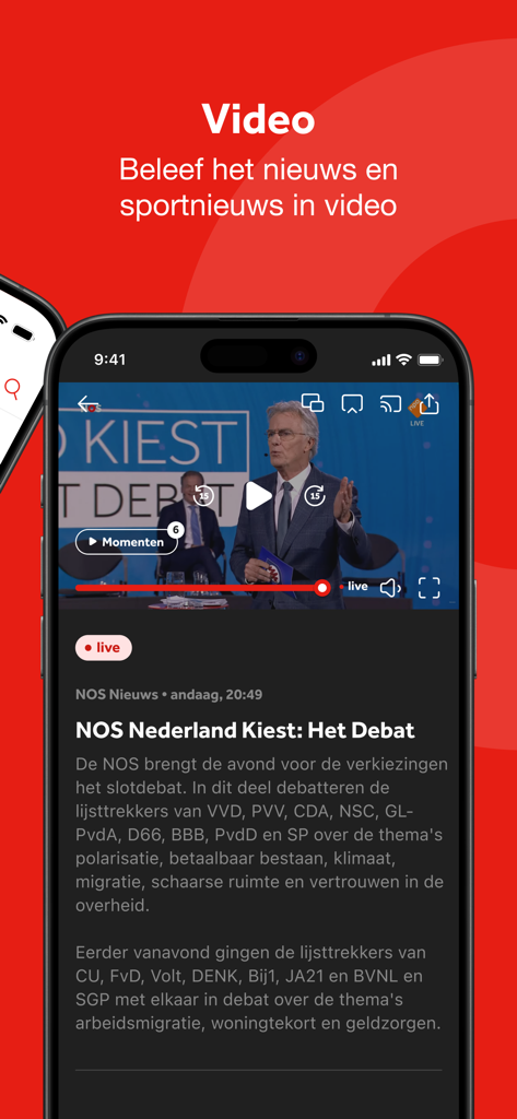 NOS - Tela de smartphone exibindo o player de vídeo do aplicativo NOS com uma transmissão de notícias holandesa ao vivo.