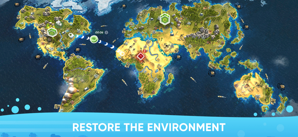A global strategy map in Eco Inc Save the Earth showing environmental restoration efforts across all continents.