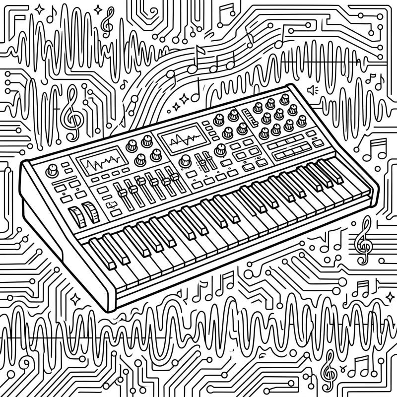 Dive into the world of electronic music with this captivating digital synthesizer coloring page. Customize every detail of this intricate instrument, from its keys to its control panel, and bring your unique sound art to life.