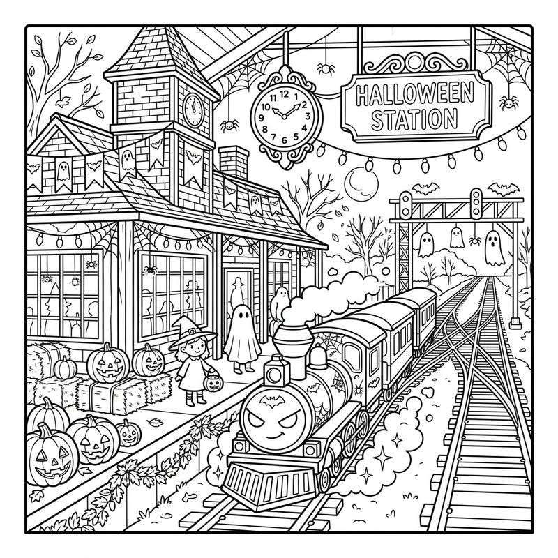 Embark on a fun, festive journey with this charming Halloween train station coloring page. Featuring a whimsical scene with ghosts, pumpkins, and a little witch awaiting the Spooky Express, it's perfect for a creative activity for all ages.