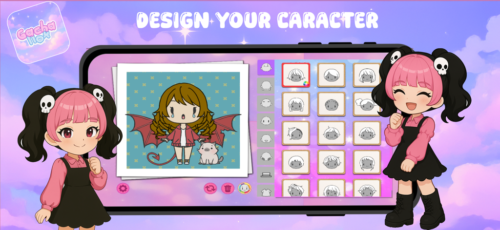 Gacha Nox Life World Game - Pantalla de personalización de personajes en Gacha Nox Life World Game que muestra opciones de peinado y un lindo personaje de anime