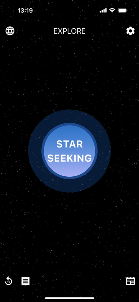 AR-Telescope - AR-Telescope app home screen featuring a large blue Star Seeking button and a starry night background