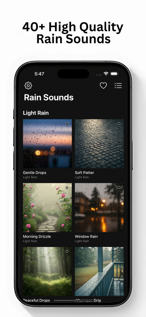 Rain Sounds・ - Pantalla de la biblioteca de la aplicación Sonidos de Lluvia mostrando varias opciones de sonidos de lluvia de alta calidad como "Brisas de Mañana" y "Lluvia en la Ventana".