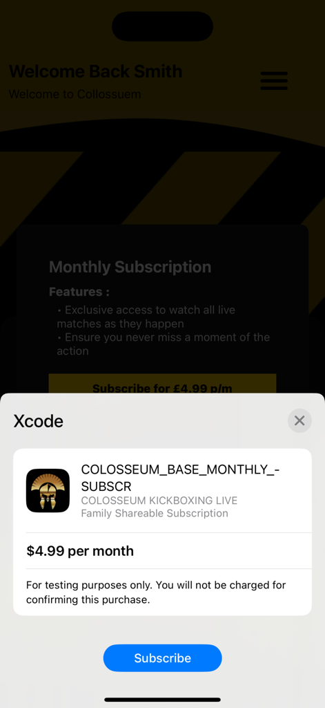 Monthly subscription screen in the Colosseum Kickboxing Live app showing pricing and features for live matches