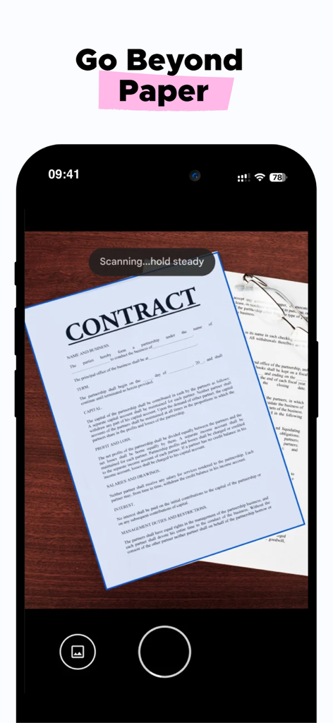 Notewise - AI Notes, PDF, Docs - Smartphone screen displaying the Notewise app scanning a paper contract document.