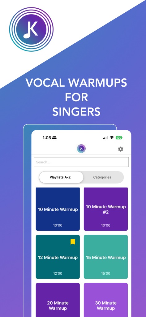 Vocal Warmups with Kathleen - Vocal Warmups with Kathleenアプリのインターフェースに、さまざまな時間指定の歌唱ウォームアッププレイリストが表示されています
